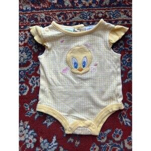 Tweety Bird Looney Tunes romper Size 0-3 Months Yellow Checkered Embroidered